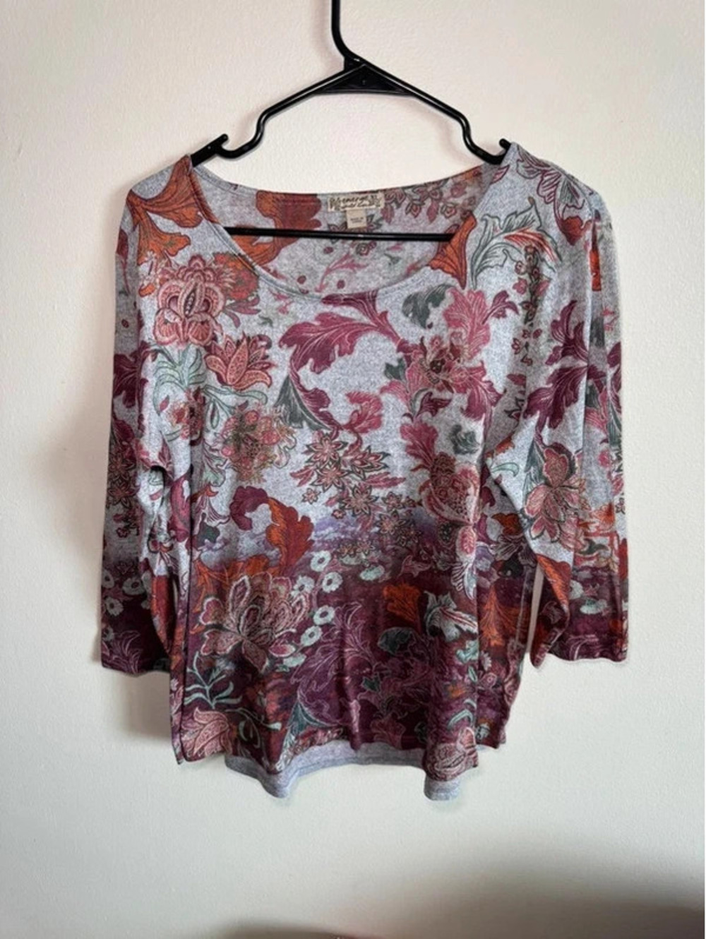 Energē Grey Orange Red Fall Leaves Light Sweater Blouse Long Sleeve Size XLPTP25